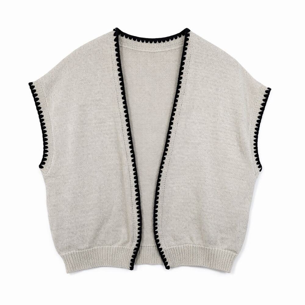 WRAP London Organic Cotton Knit Open Front Vest UK18 US14 Contrast Black Trim